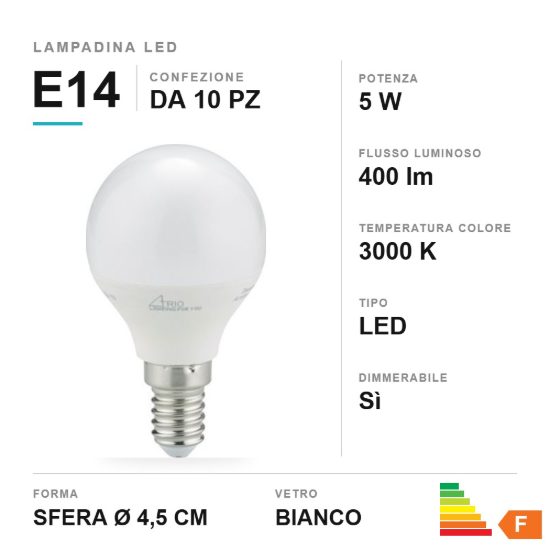 Lampadina e14 led 5w a sfera 3000k bianca dimmerabile confezione 10 pezzi
