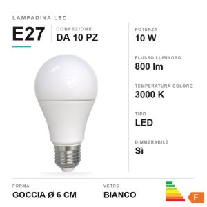 Lampadina e27 led 10w a goccia 3000k bianca dimmerabile confezione 10 pezzi