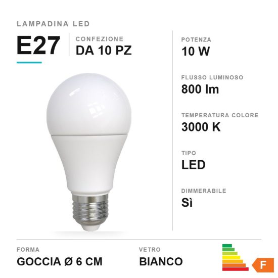 Lampadina e27 led 10w a goccia 3000k bianca dimmerabile confezione 10 pezzi