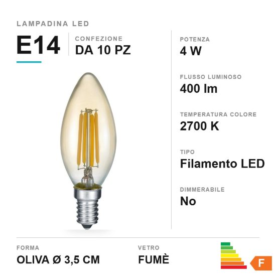 Lampadina e14 led 4w a oliva a filamento 2700k fume confezione 10 pezzi