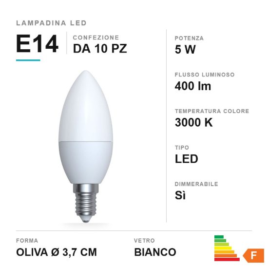 Lampadina e14 led 5w a oliva 3000k bianca dimmerabile confezione 10 pezzi