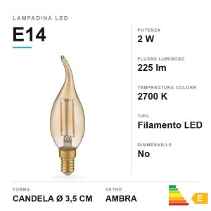 Lampadina e14 led 2w a candela a filamento 2700k ambra