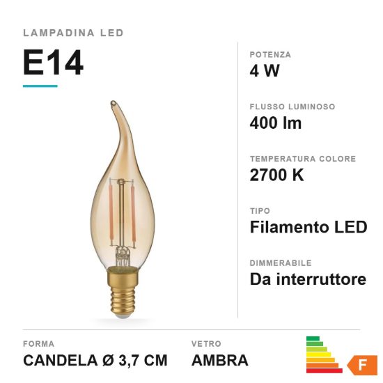 Lampadina e14 led 4w a candela a filamento 2700k ambra dimmerabile con interruttore