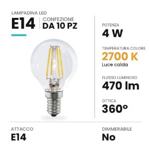 Lampadina e14 led 4w a sfera a filamento 2700k trasparente confezione 10 pezzi