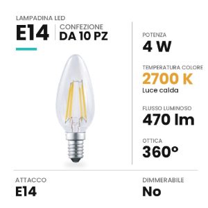 Lampadina e14 led 4w a candela a filamento 2700k trasparente confezione 10 pezzi