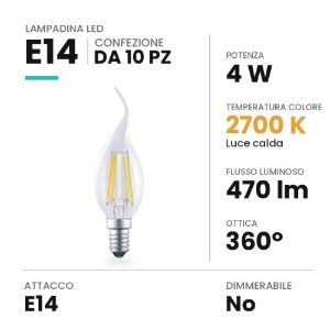 Lampadina e14 led 4w a candela colpo di vento a filamento 2700k trasparente confezione 10 pezzi