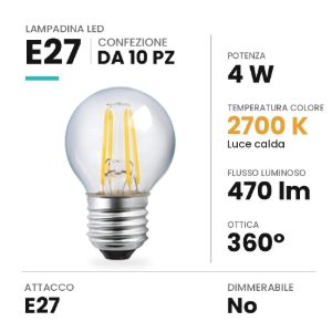 Lampadina e27 led 4w a sfera a filamento 2700k trasparente confezione 10 pezzi