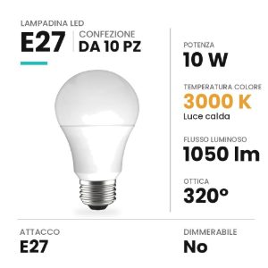 Lampadina e27 led 10w a goccia 3000k bianca confezione 10 pezzi