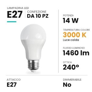 Lampadina e27 led 14w a goccia 3000k bianca confezione 10 pezzi