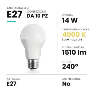 Lampadina e27 led 14w a goccia 4000k bianca confezione 10 pezzi