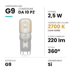 Lampadina g9 led 2,5w a capsula 2700k dimmerabile bianca confezione 10 pezzi