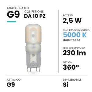 Lampadina g9 led 2,5w a capsula 5000k dimmerabile bianca confezione 10 pezzi