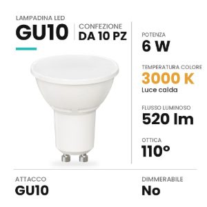 Lampadina gu10 led 6w spot luce diffusa 3000k bianca confezione 10 pezzi