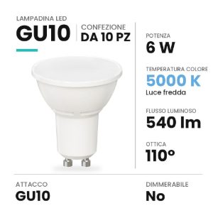 Lampadina gu10 led 6w spot luce diffusa 5000k bianca confezione 10 pezzi
