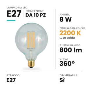 Lampadina e27 led 8w a globo 9,5cm a filamento 2200k dimmerabile trasparente confezione 10 pezzi