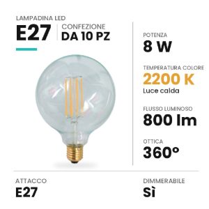 Lampadina e27 led 8w a globo 12,5cm a filamento 2200k dimmerabile trasparente confezione 10 pezzi