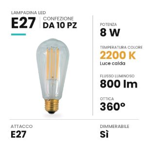 Lampadina e27 led 8w edison st64 a filamento 2200k dimmerabile trasparente confezione 10 pezzi