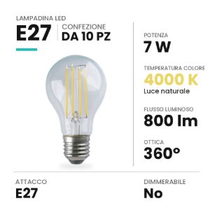 Lampadina e27 led 7w a goccia a filamento 4000k trasparente confezione 10 pezzi