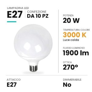 Lampadina e27 led 20w a globo 12cm 3000k bianca confezione 10 pezzi
