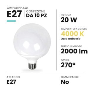 Lampadina e27 led 20w a globo 12cm 4000k bianca confezione 10 pezzi