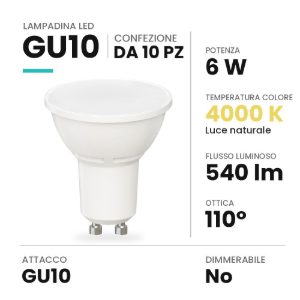 Lampadina gu10 led 6w spot luce diffusa 4000k bianca confezione 10 pezzi