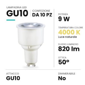 Lampadina gu10 led 9w spot 4000k bianca confezione 10 pezzi