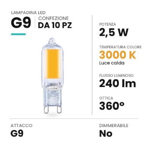Lampadina g9 led 2,5w a capsula in vetro 3000k trasparente confezione 10 pezzi