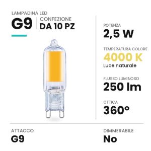 Lampadina g9 led 2,5w a capsula in vetro 4000k trasparente confezione 10 pezzi