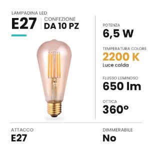 Lampadina e27 led 6,5w edison st64 vintage a filamento 2200k ambrata confezione 10 pezzi