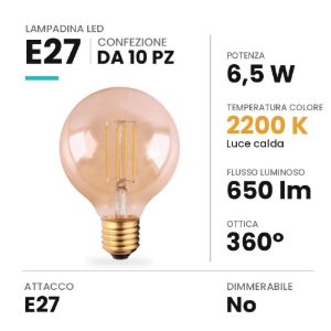 Lampadina e27 led 6,5w a globo 9,5cm vintage a filamento 2200k ambrata confezione 10 pezzi