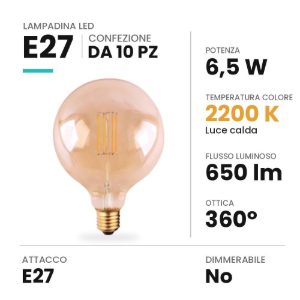 Lampadina e27 led 6,5w a globo 12,5cm vintage a filamento 2200k ambrata confezione 10 pezzi