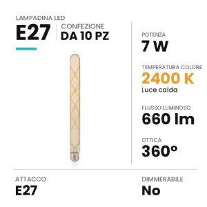 Lampadina e27 led 7w tubolare 30cm vintage a filamento 2400k ambrata confezione 10 pezzi