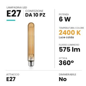 Lampadina e27 led 6w tubolare 18,5cm vintage a filamento 2400k ambrata confezione 10 pezzi