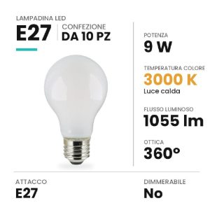 Lampadina e27 led 9w a goccia opale 3000k bianca confezione 10 pezzi
