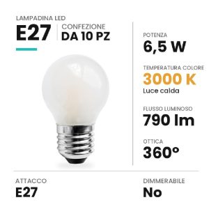 Lampadina e27 led 6,5w a sfera opale 3000k bianca confezione 10 pezzi