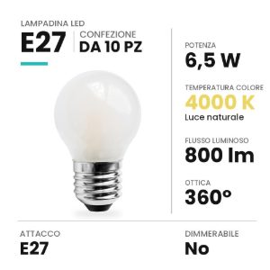 Lampadina e27 led 6,5w a sfera opale 4000k bianca confezione 10 pezzi