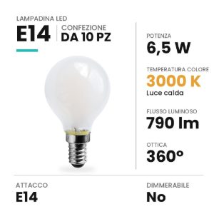 Lampadina e14 led 6,5w a sfera opale 3000k bianca confezione 10 pezzi