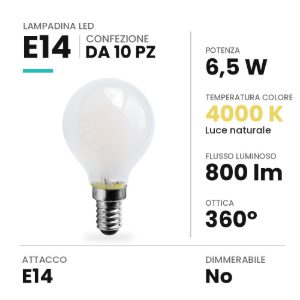 Lampadina e14 led 6,5w a sfera opale 4000k bianca confezione 10 pezzi