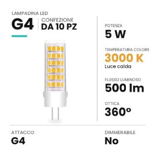 Lampadina g4 led 5w a capsula 12v 3000k bianca confezione 10 pezzi