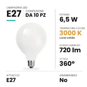 Lampadina e27 led 6,5w a globo 9,5cm opale 3000k bianca confezione 10 pezzi