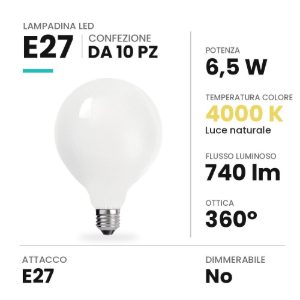 Lampadina e27 led 6,5w a globo 9,5cm opale 4000k bianca confezione 10 pezzi
