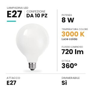Lampadina e27 led 8w a globo 9,5cm opale 3000k dimmerabile bianca confezione 10 pezzi
