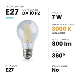 Lampadina e27 led 7w a goccia a filamento 3000k trasparente confezione 10 pezzi