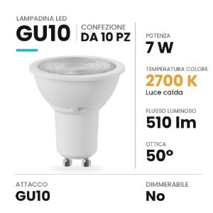 Lampadina gu10 led 7w spot 2700k bianca confezione 10 pezzi