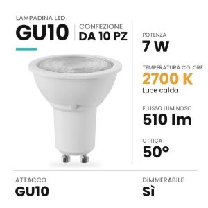 Lampadina gu10 led 7w spot 2700k dimmerabile bianca confezione 10 pezzi