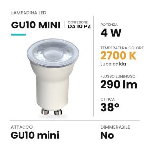 Lampadina gu10 led 4w mini spot 35mm 2700k bianca confezione 10 pezzi