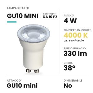 Lampadina gu10 led 4w mini spot 35mm 4000k bianca confezione 10 pezzi