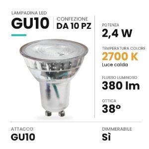 Lampadina gu10 led 2,4w spot in vetro 2700k dimmerabile trasparente confezione 10 pezzi