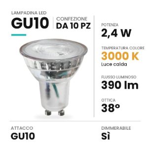 Lampadina gu10 led 2,4w spot in vetro 3000k dimmerabile trasparente confezione 10 pezzi