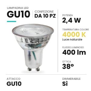 Lampadina gu10 led 2,4w spot in vetro 4000k dimmerabile trasparente confezione 10 pezzi